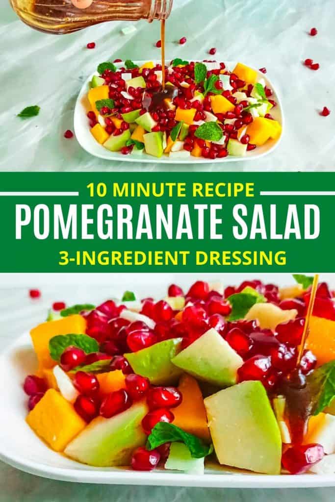 sweet fruit salad dressing being drizzled on pomegranate mango salad on a white plate.