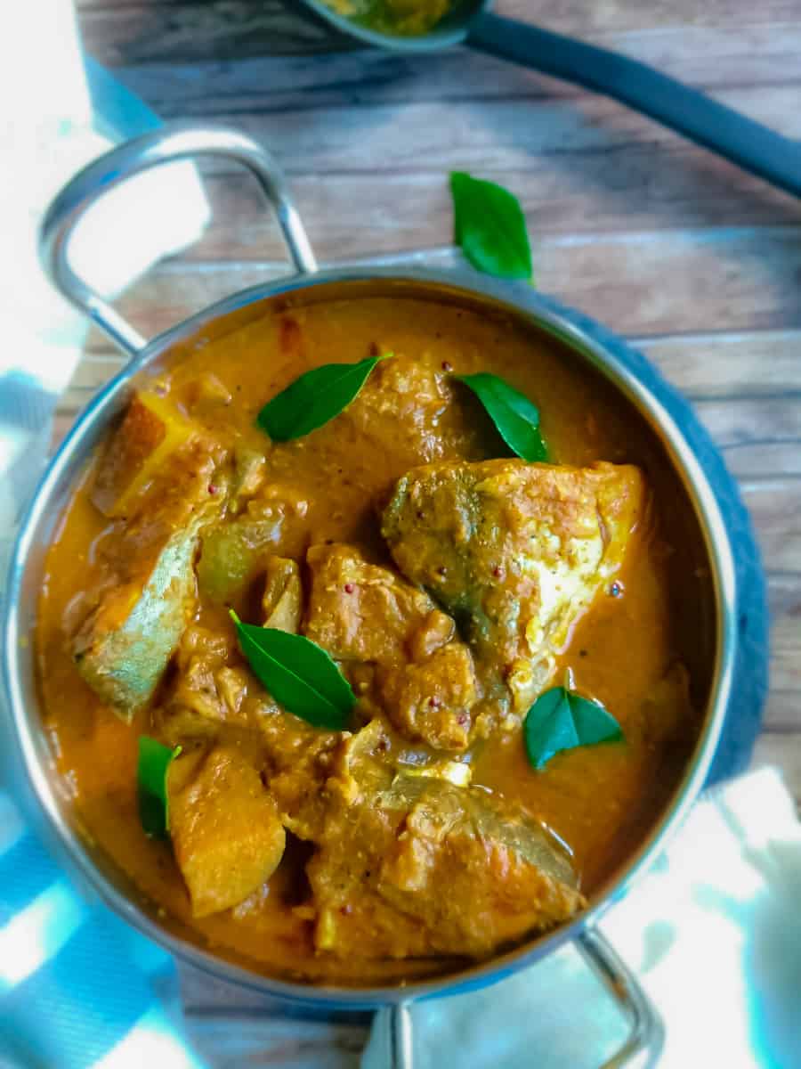 fish curry made with easy Indian curry paste recipe in a metal bowl
