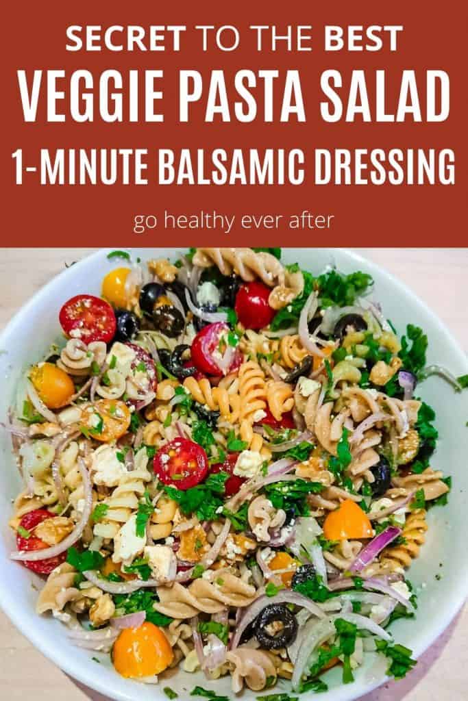 closeup view of veggie pasta salad with balsamic vinaigrette