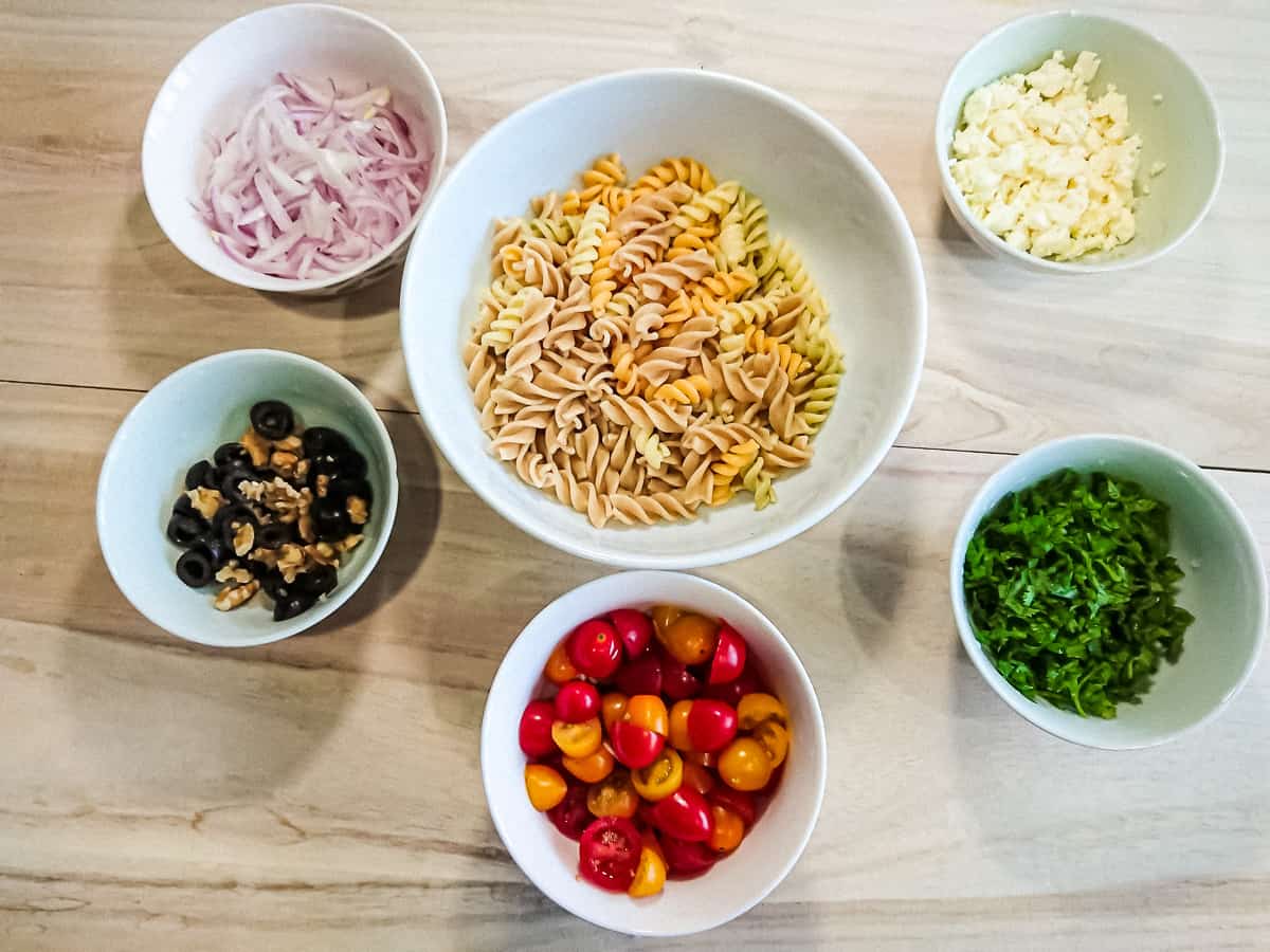 Ingredients for pasta salad with balsamic dressing.