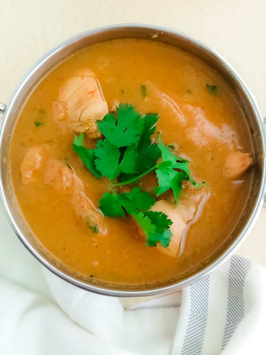 5 ingredient easy chicken curry without coconut milk in a stainless steel bowl