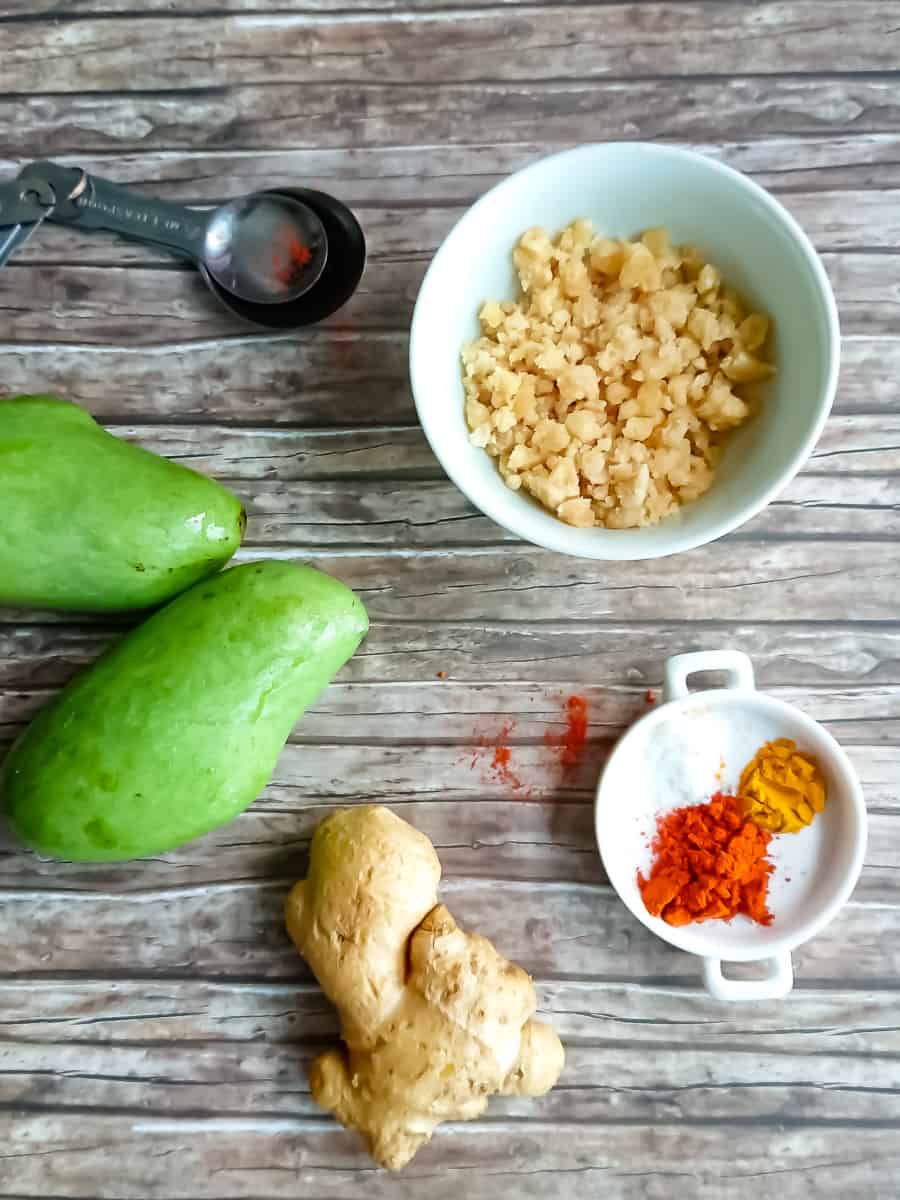 Ingredients for green mango chutney recipe.