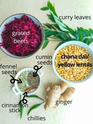 labelled photo of ingredients used in the recipe for beetroot masala vada