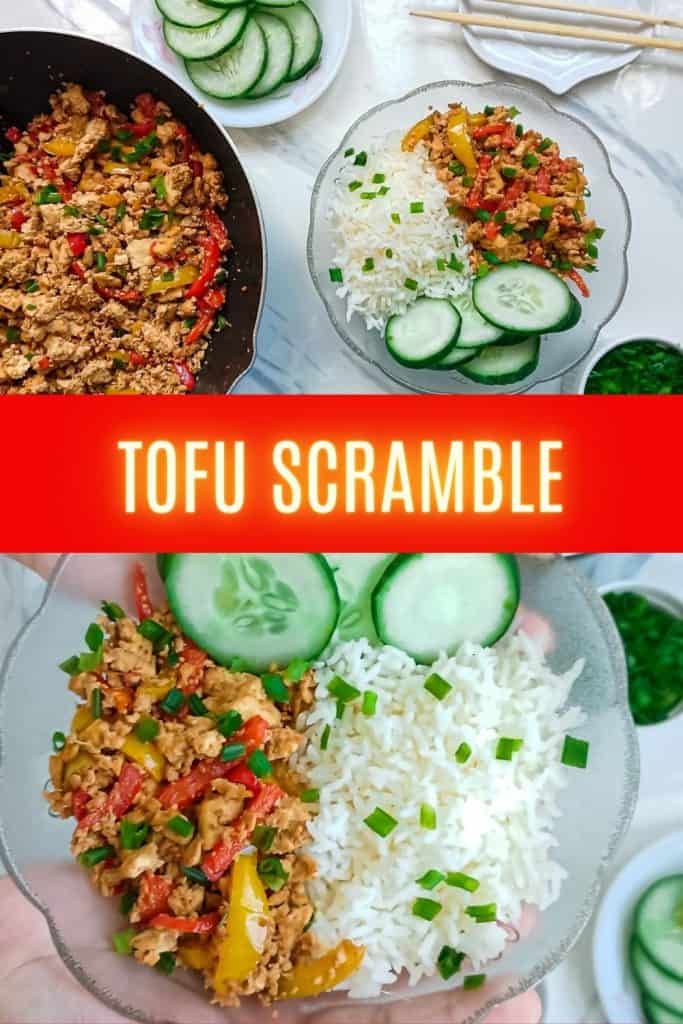 tofu scramble served with rice and cucumber slices in a glass bowl