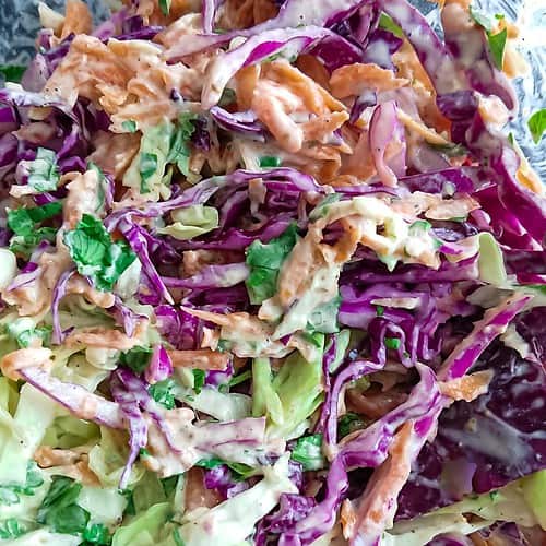 close-up view of purple coleslaw.