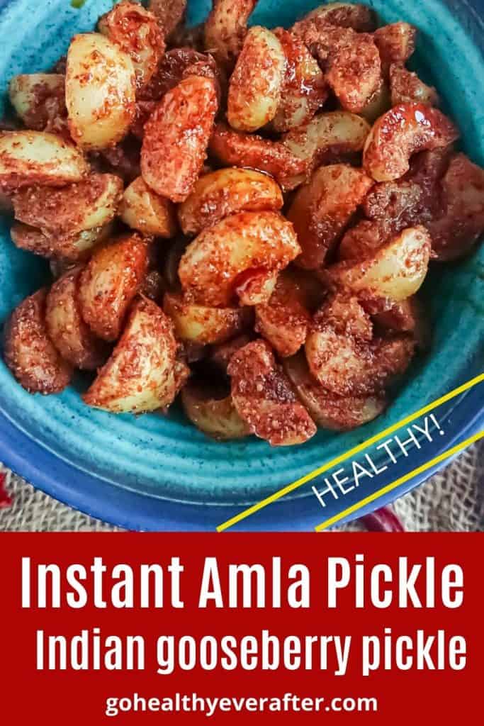 Instant amla pickle in a blue bowl.