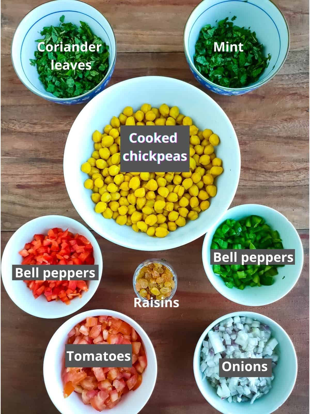 Labelled ingredients for Indian chickpea salad recipe.