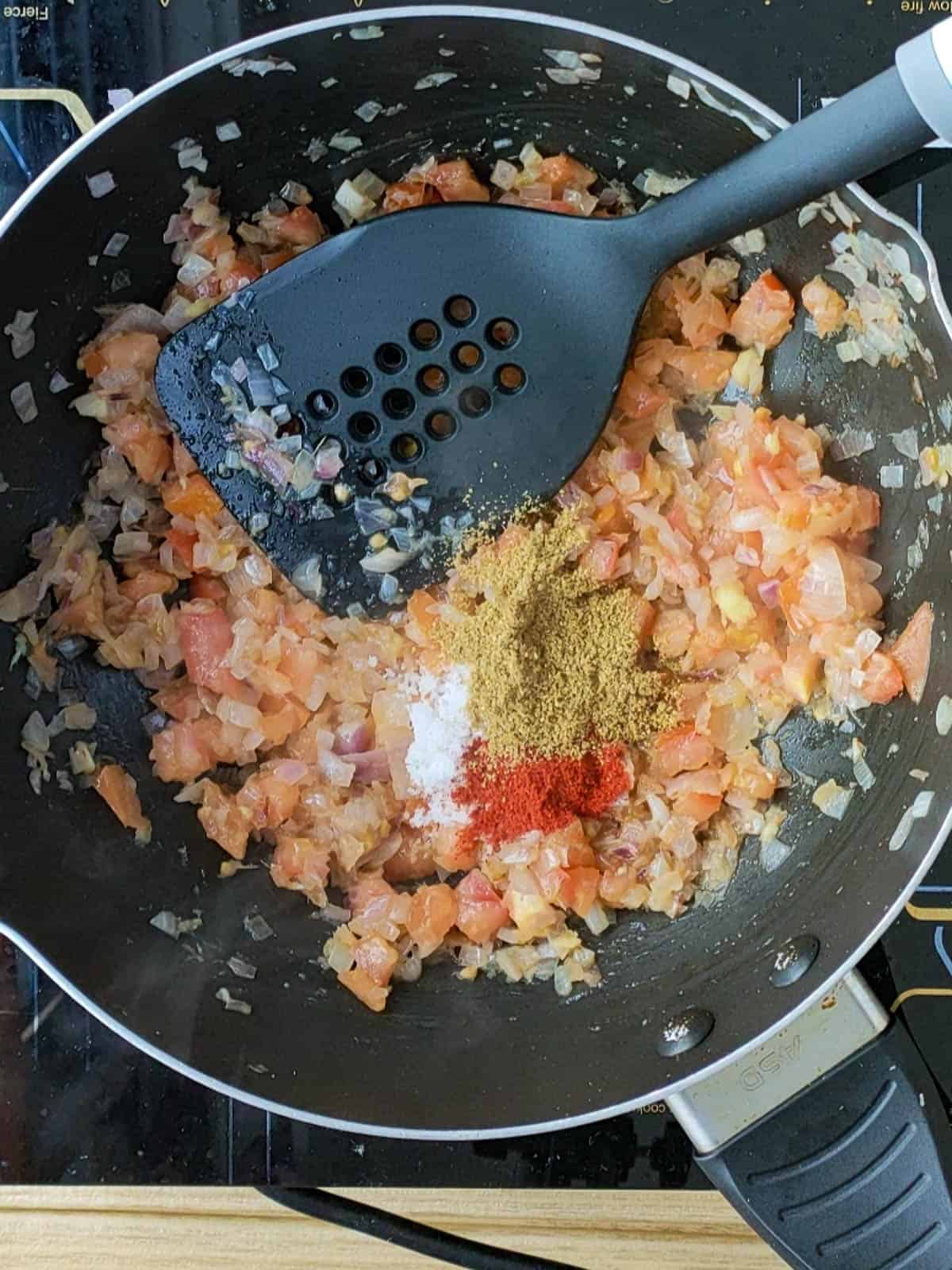 Onion tomato mixture with spices for Mackerel fish cakes.