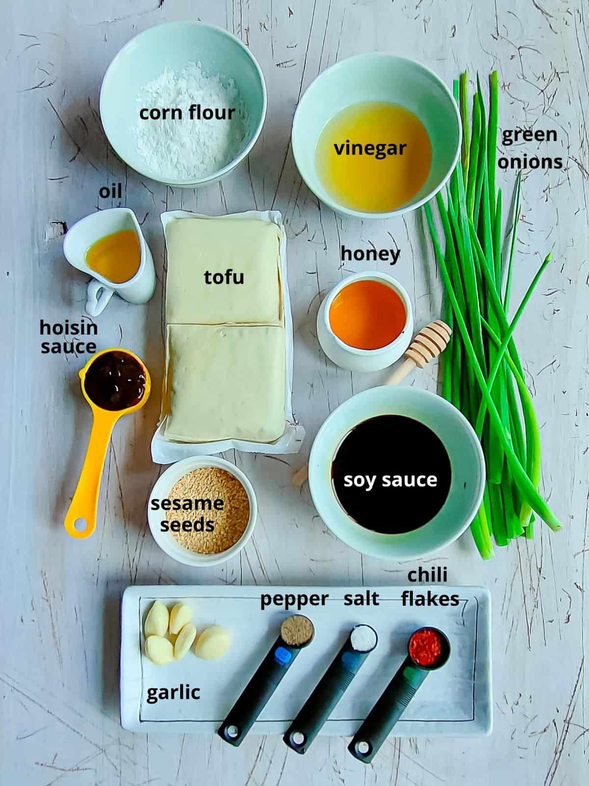 labelled ingredients for honey garlic tofu recipe.