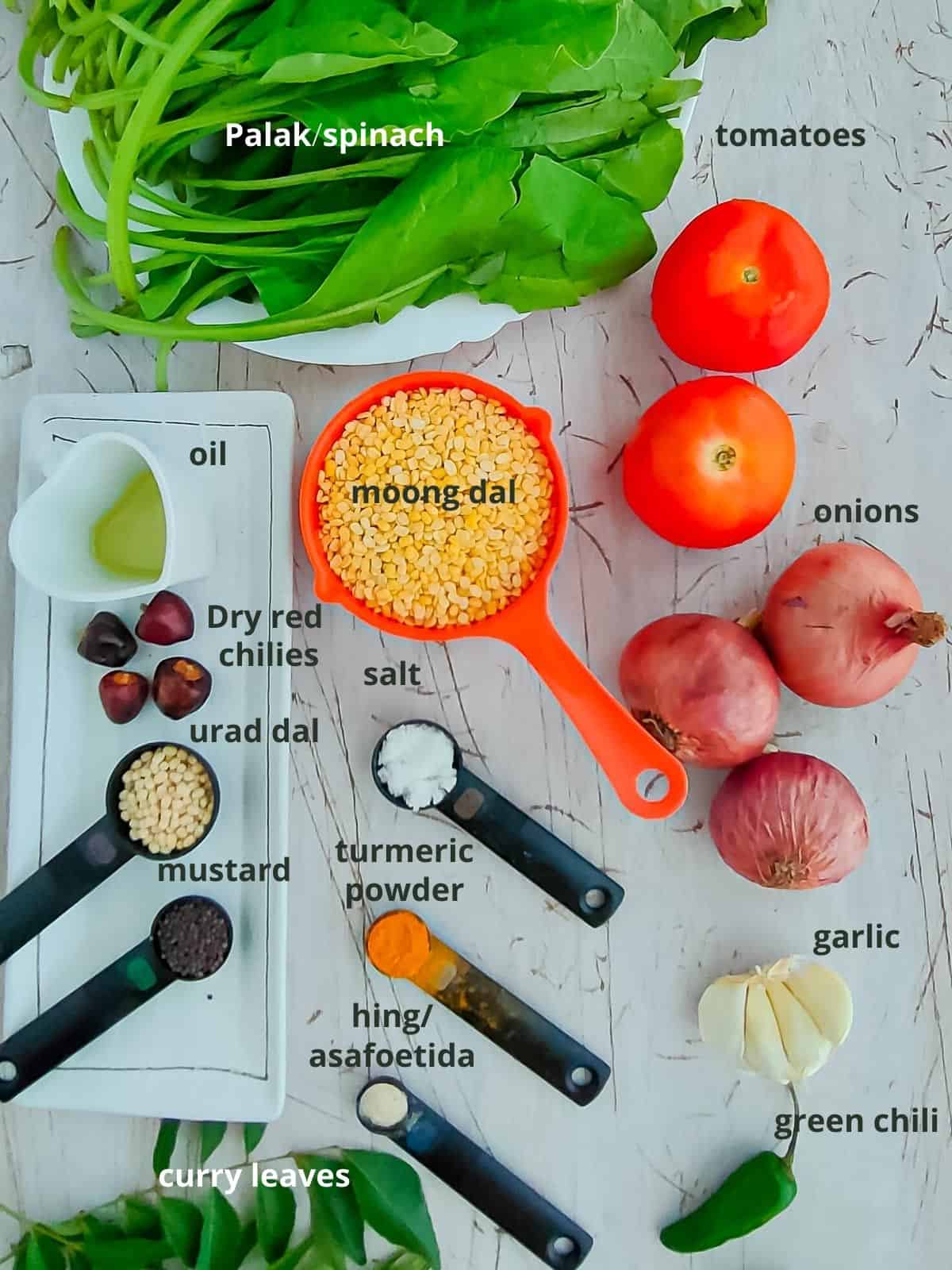 labelled ingredients for palak dal recipe.