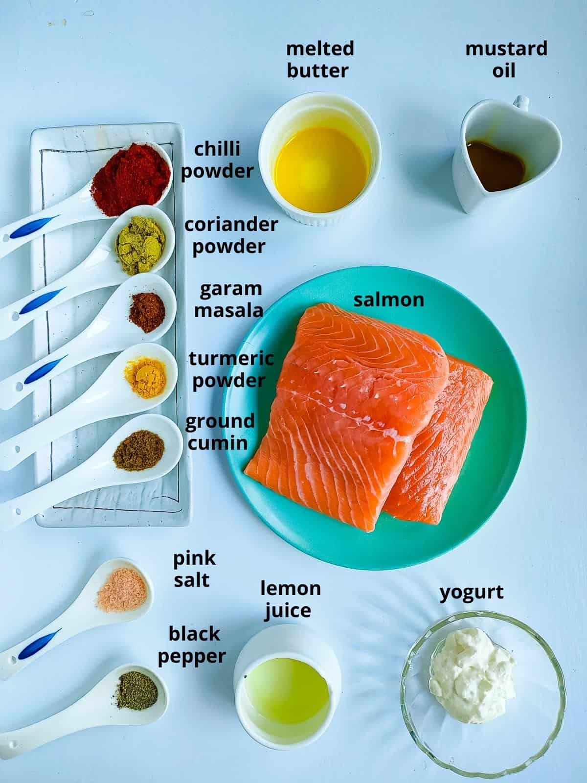 Labelled ingredients for tandoori salmon recipe.