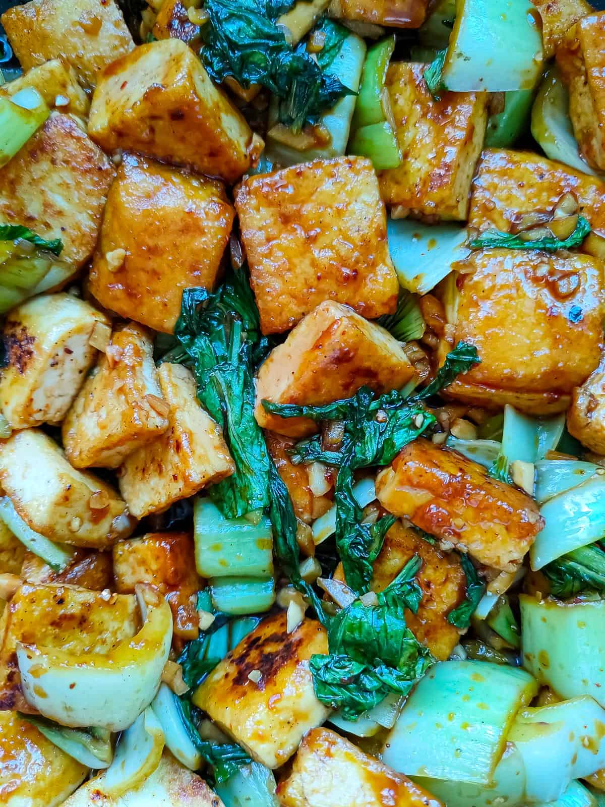 Close-up view of tofu bok choy stir fry.