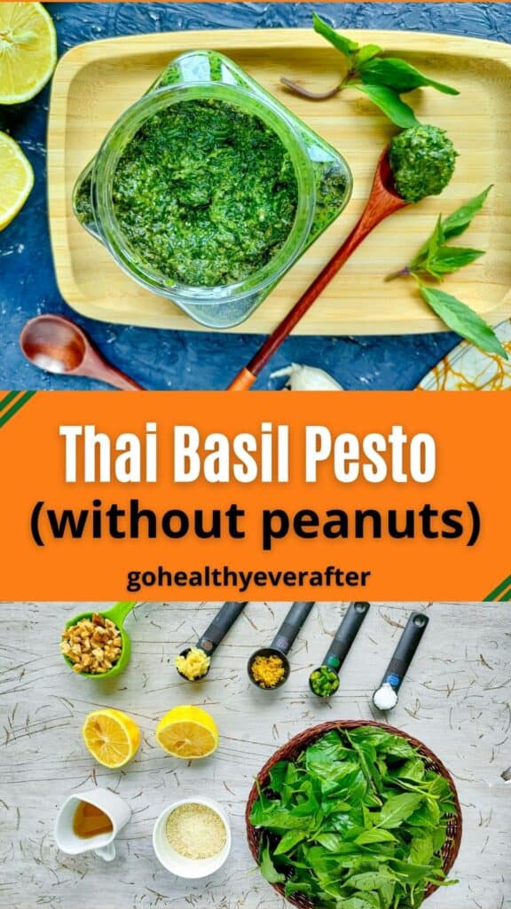 Thai basil pesto in a glass jar and ingredients needed for making it.