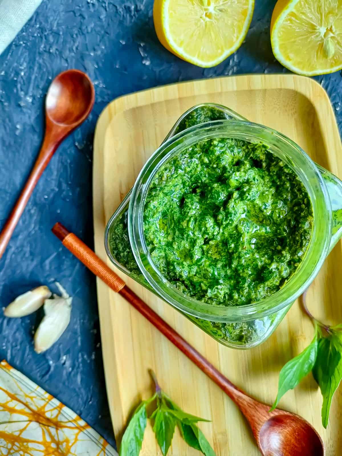 Thai basil pesto in a glass jar.