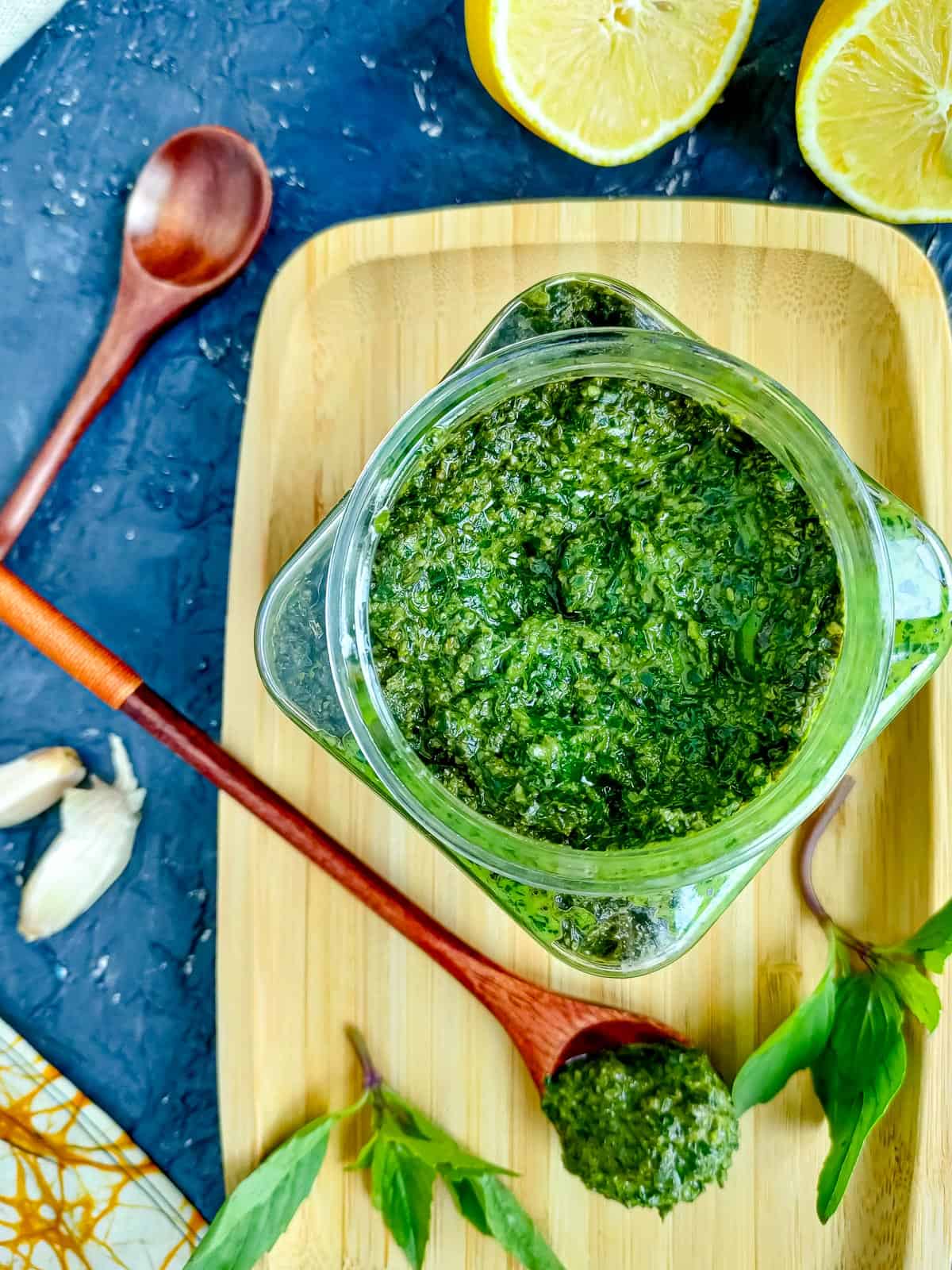 Easy Thai Basil Pesto (without peanuts) Spicy Thai basil pesto in a glass jar.