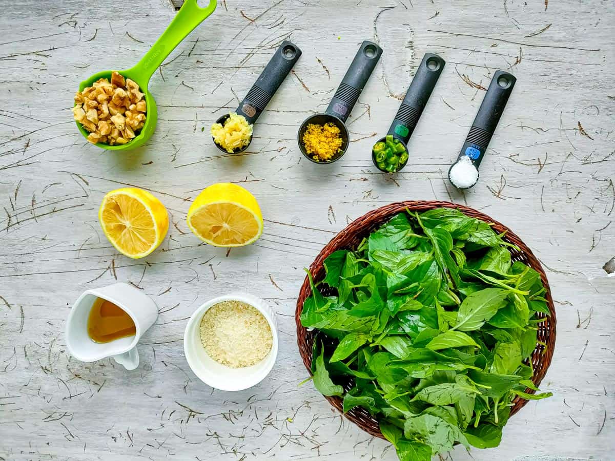 Prepared and chopped ingredients for Thai basil pesto.