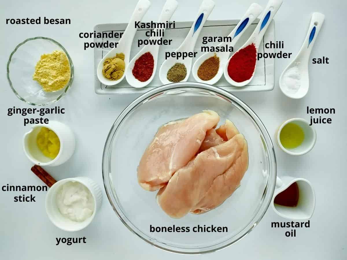 Labelled ingredients for tandoori chicken skewers.