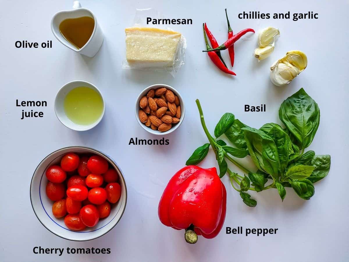 Labelled Ingredients for red chilli pesto.