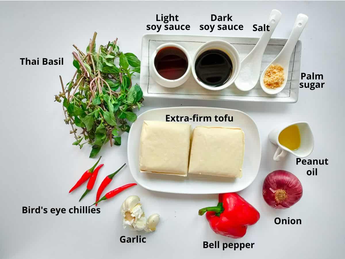 Labelled ingredients for basil tofu stir fry.