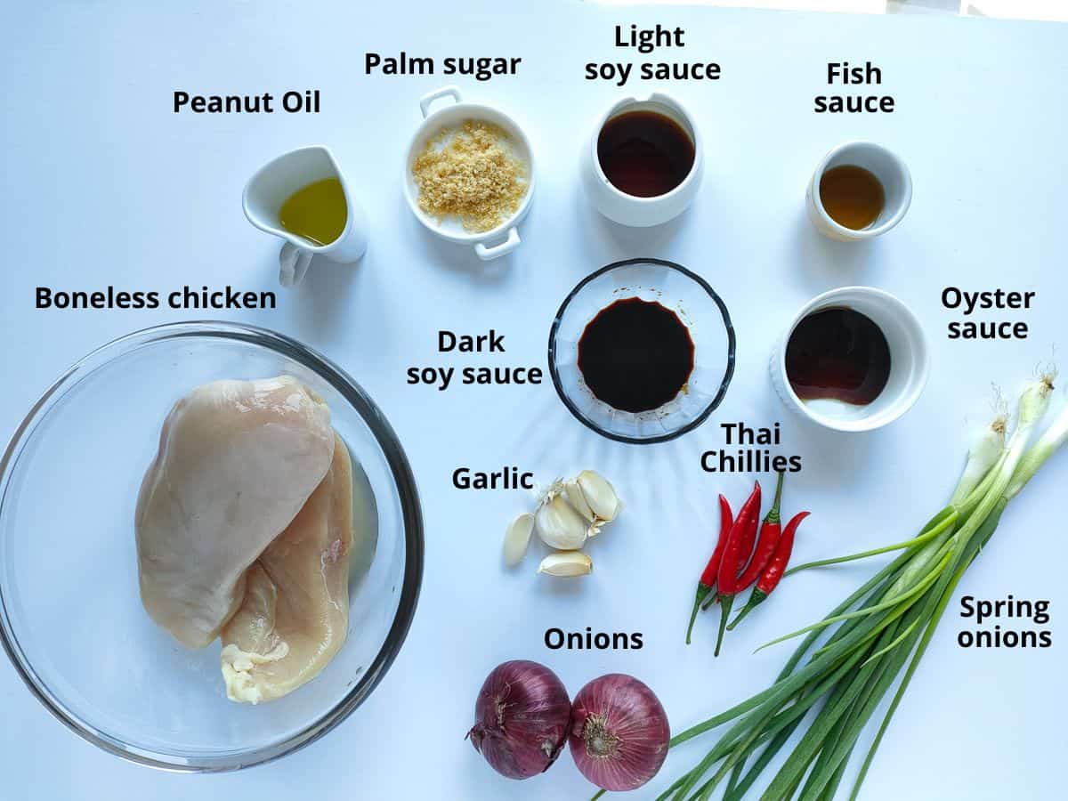 Labelled ingredients for chicken mince stir fry.