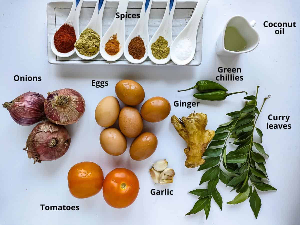 Labelled ingredients for Kerala egg roast.