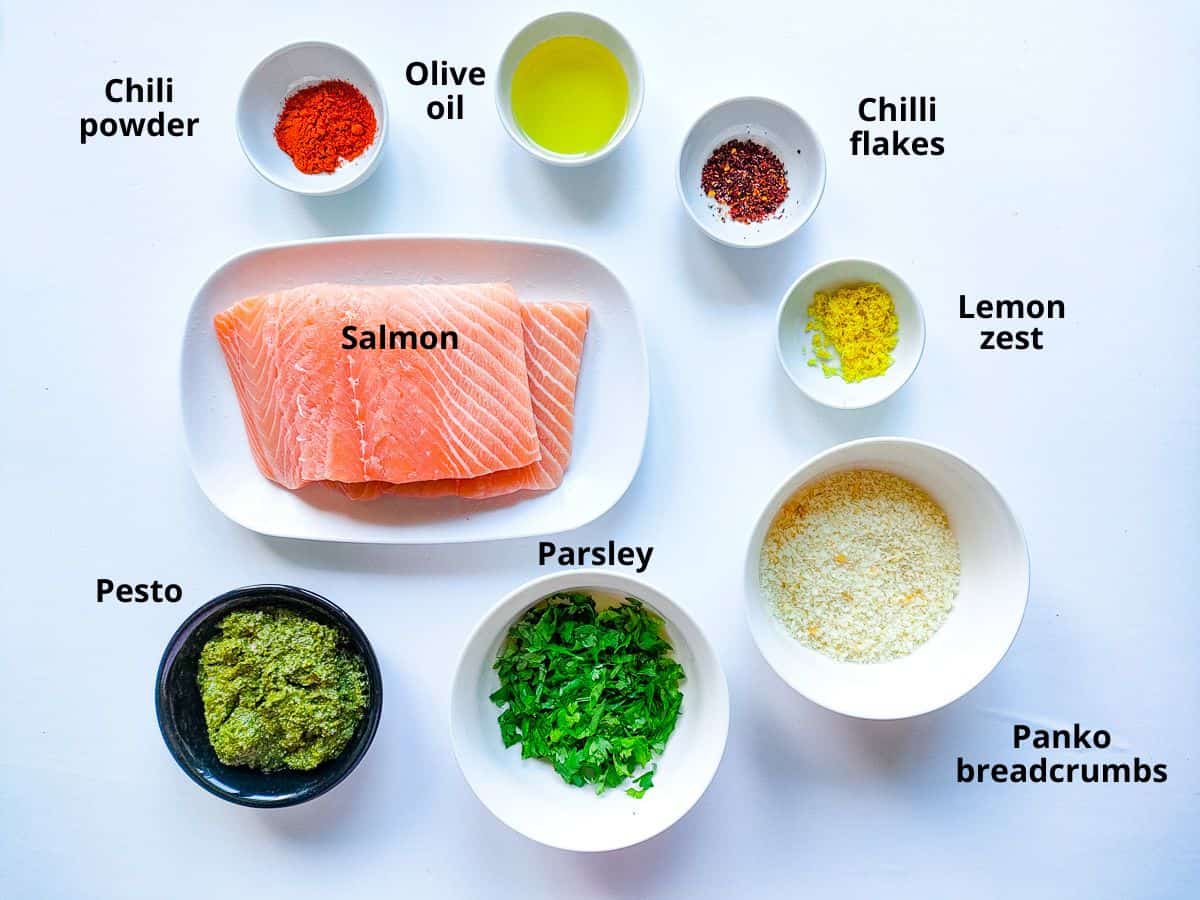 Labelled ingredients for pesto crusted salmon.