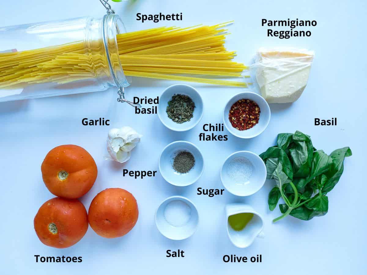 Labelled ingredients for spaghetti arrabbiata recipe.