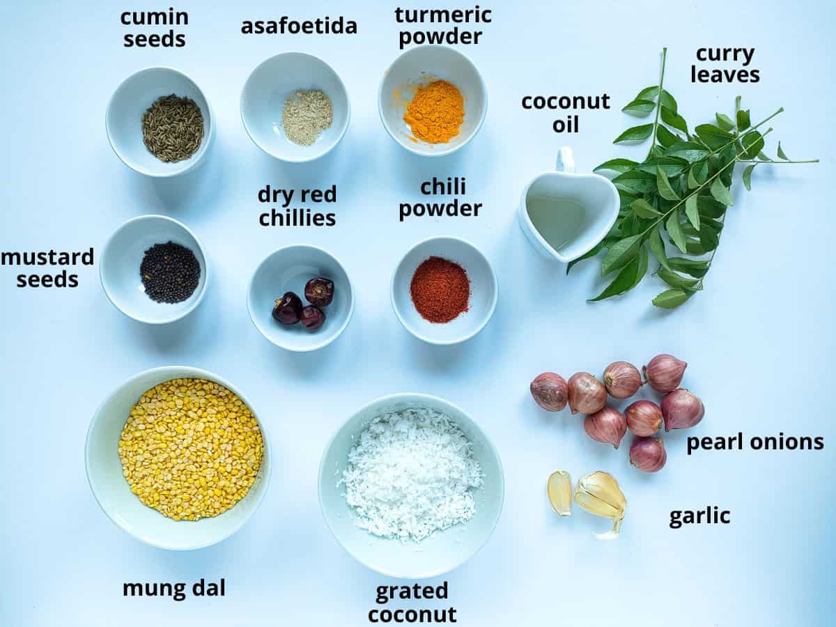 Labelled Ingredients for parippu curry.