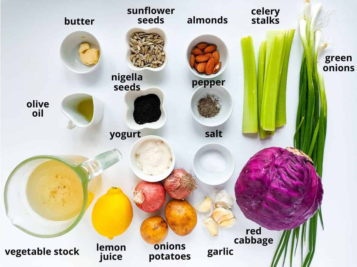 Labelled ingredients for red cabbage soup