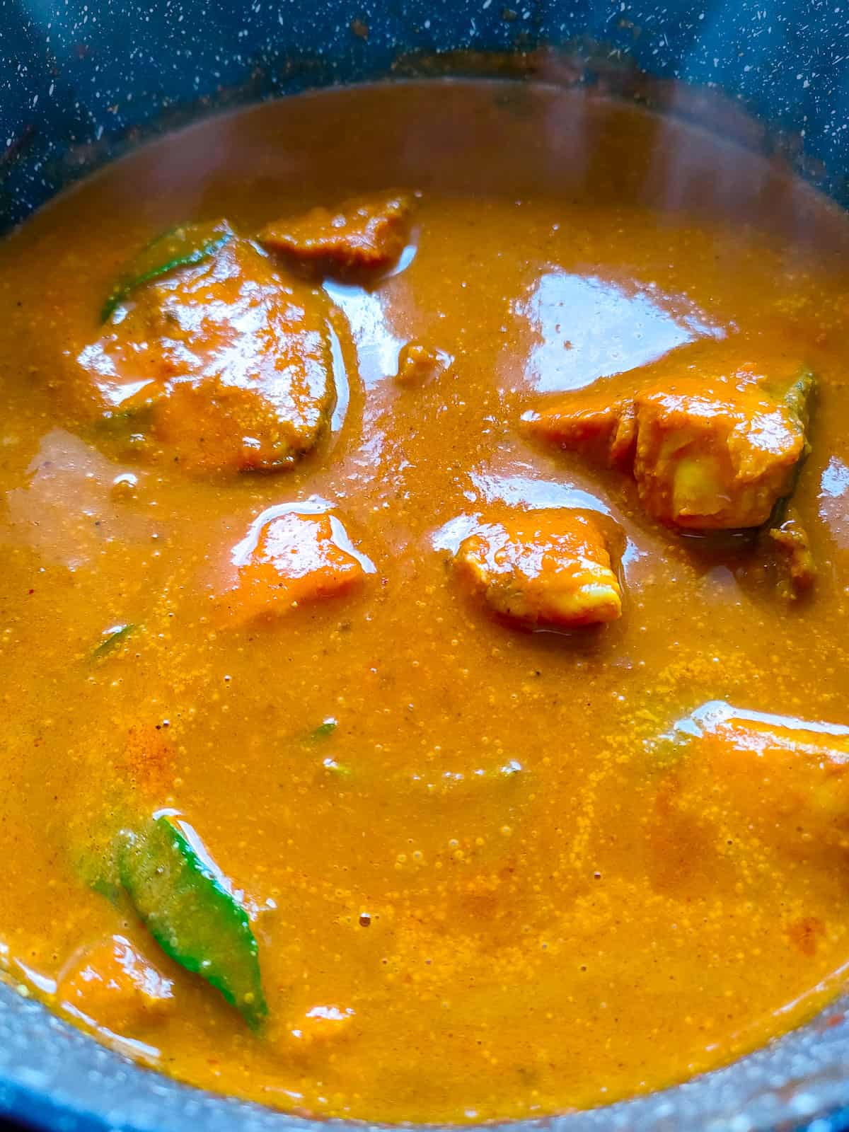 Close-up view of tomato fish curry, Mangalore style.