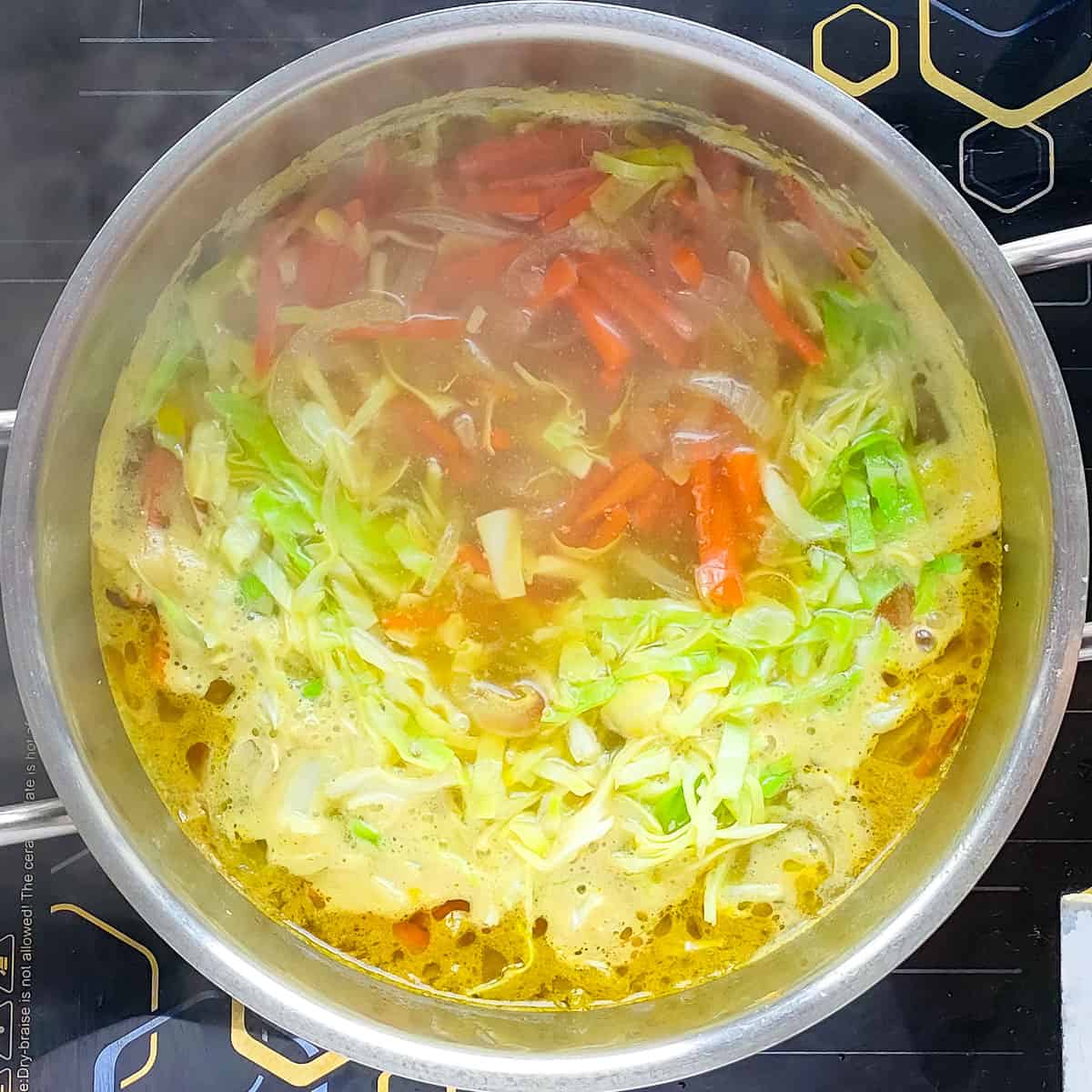 Vegetables boiling in chicken broth in a metal soup pot.