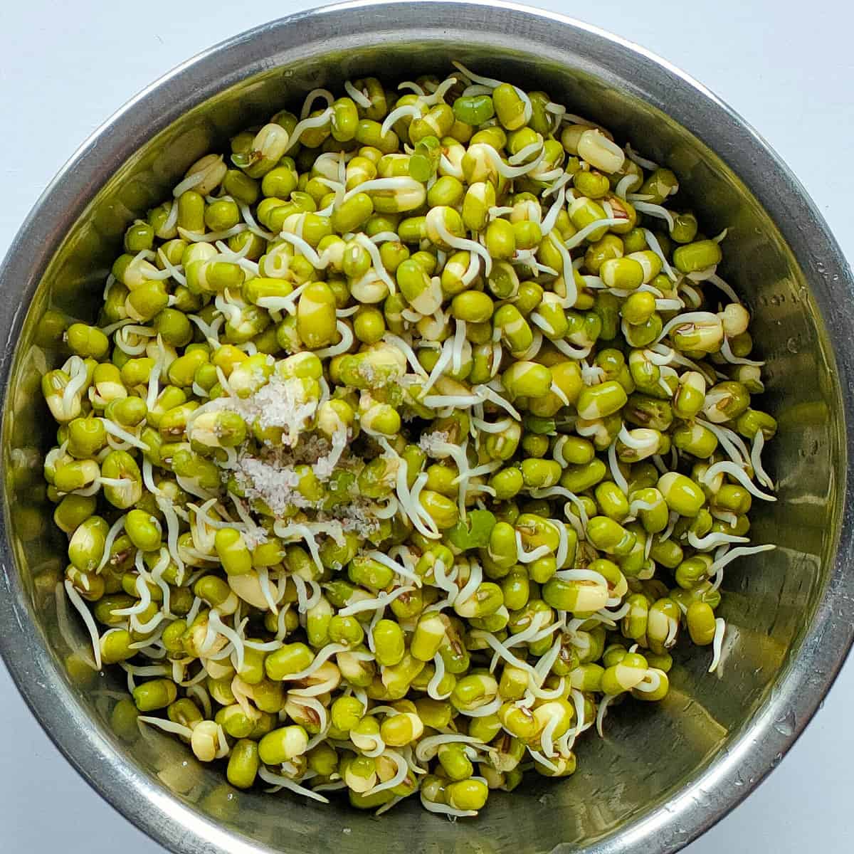 Sprouted mung beans with salt and pepper in a metal bowl.