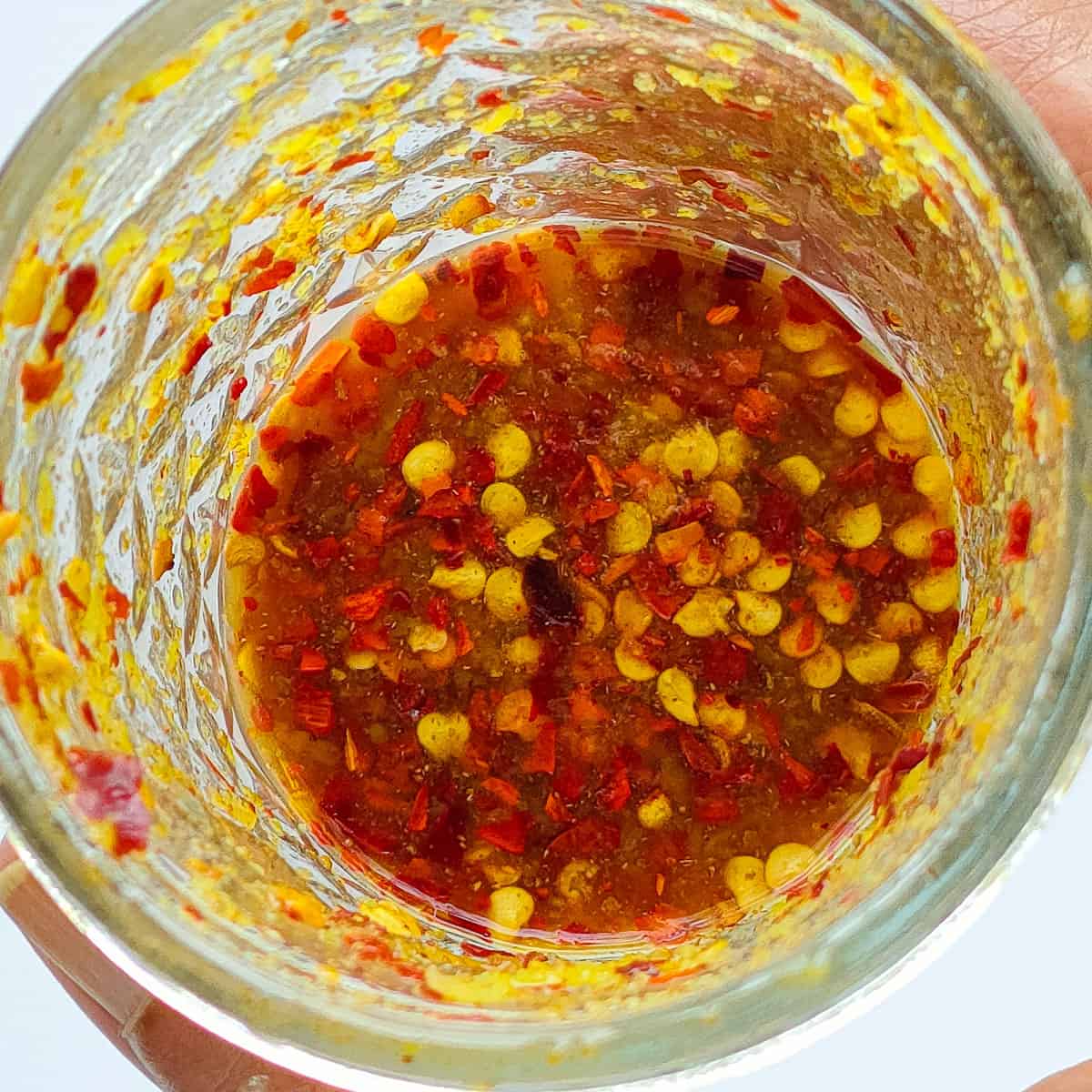 Mung beans salad dressing in a glass jar.