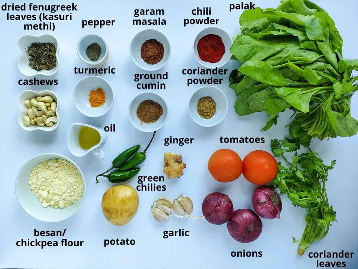 Labelled ingredients for spinach kofta curry.