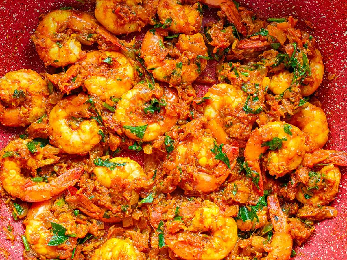 Prawn masala fry in a non-stick pan.