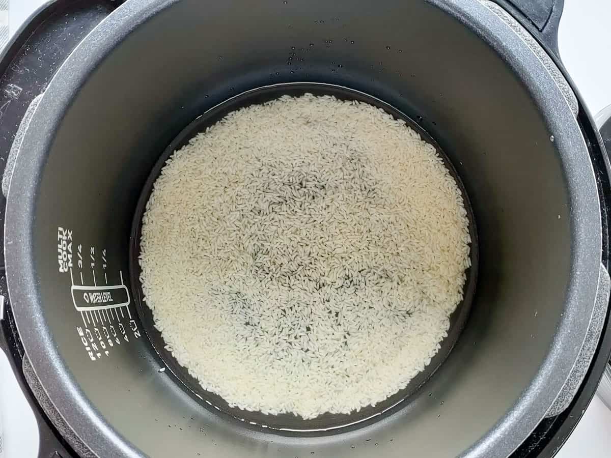 Uncooked rice with water in an instant pot for bagalabath.