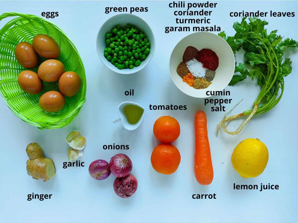 Labelled ingredients for anda keema recipe.