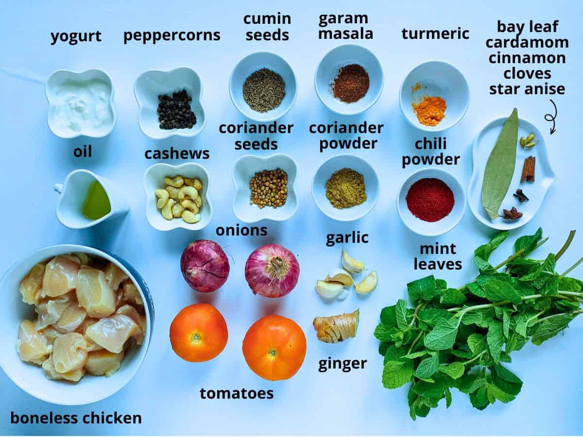 Labelled ingredients for chicken keema masala.