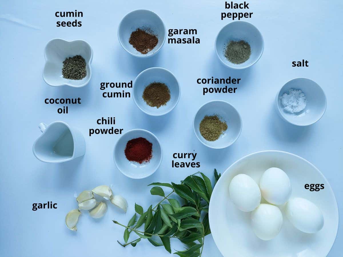 Labelled ingredients for egg fry masala recipe.