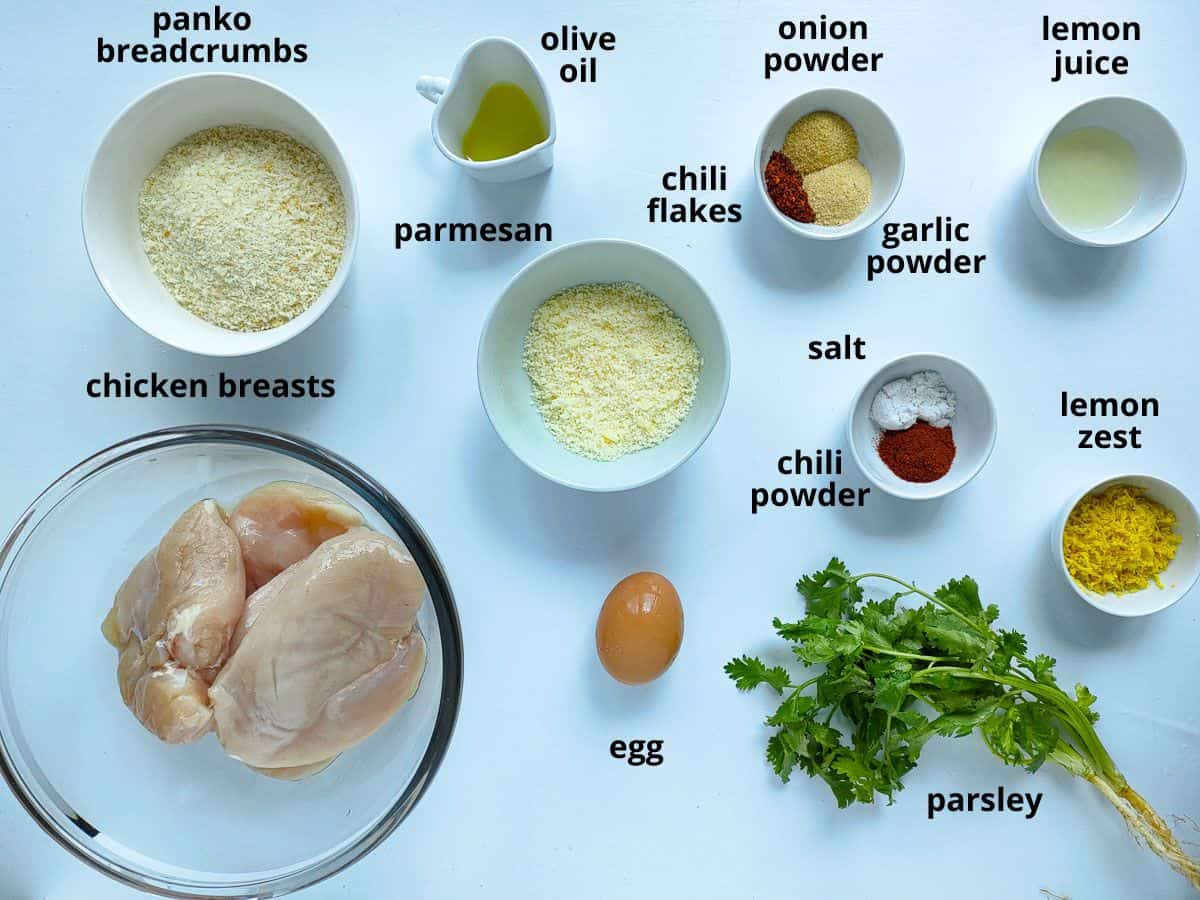 Labelled ingredients for Panko crusted chicken recipe.