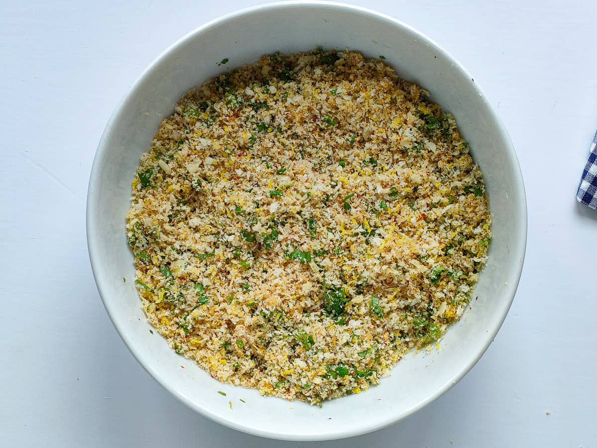 Panko breadcrumb mixture in a white bowl.
