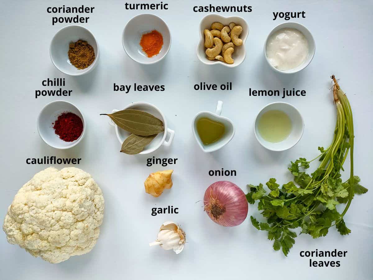 Labelled ingredients for spiced cauliflower soup.