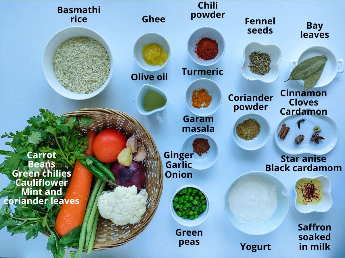 Labelled ingredients for biryani pulao recipe.