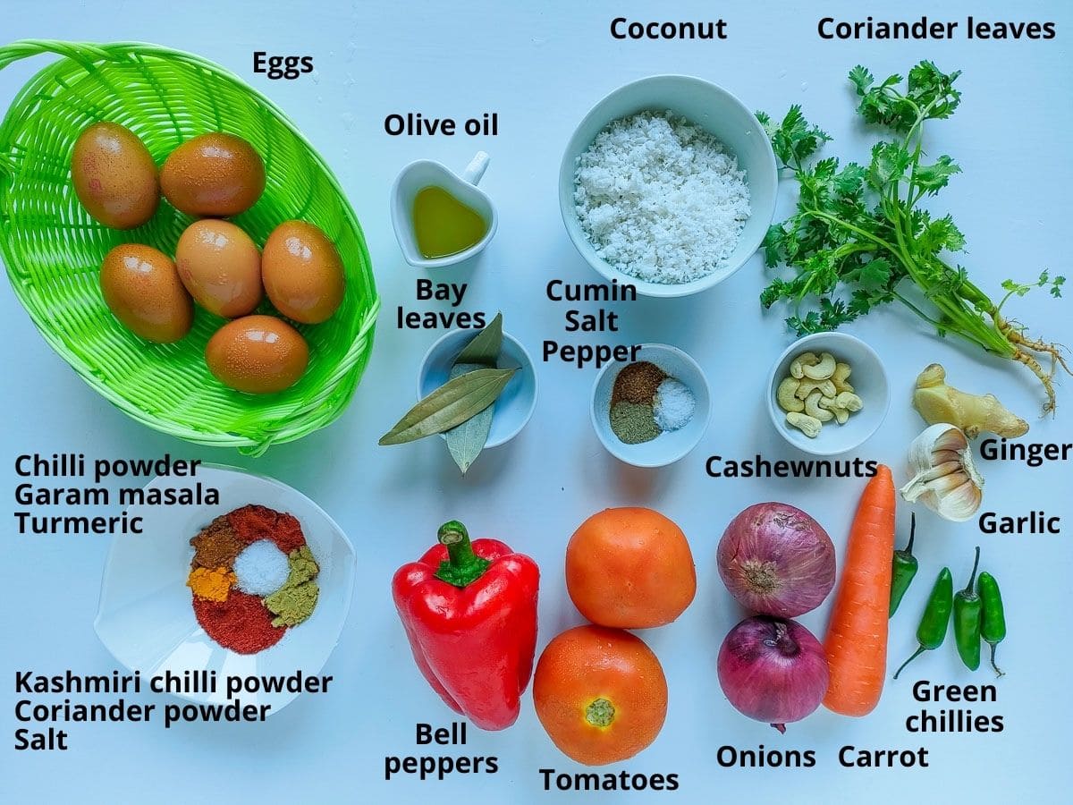 Labelled ingredients for egg omelet curry.