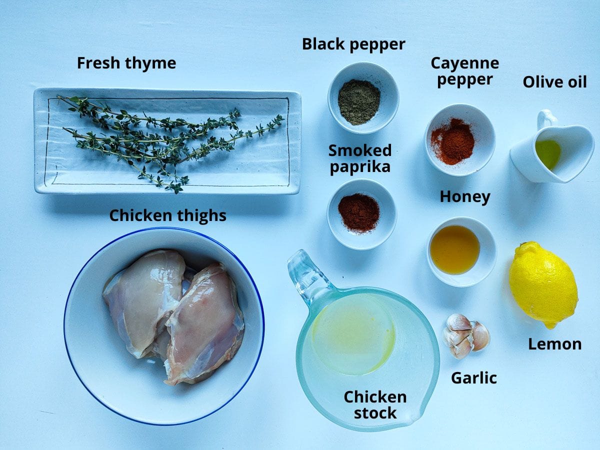 Labelled ingredients for honey garlic lemon pepper chicken thighs recipe.