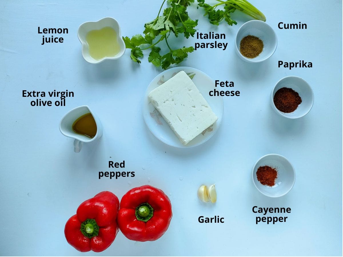 Labelled ingredients for spicy feta dip.