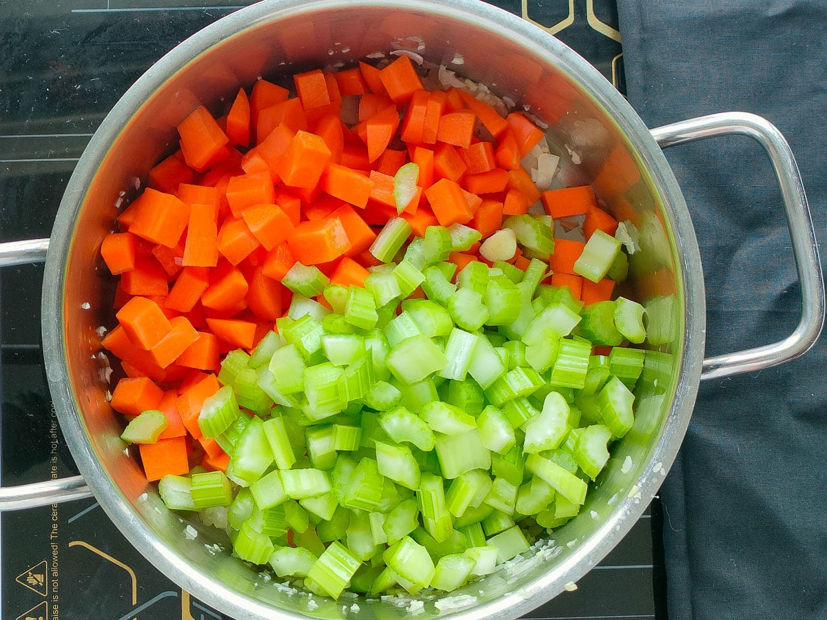 Diced carrots and celery in a large pot.