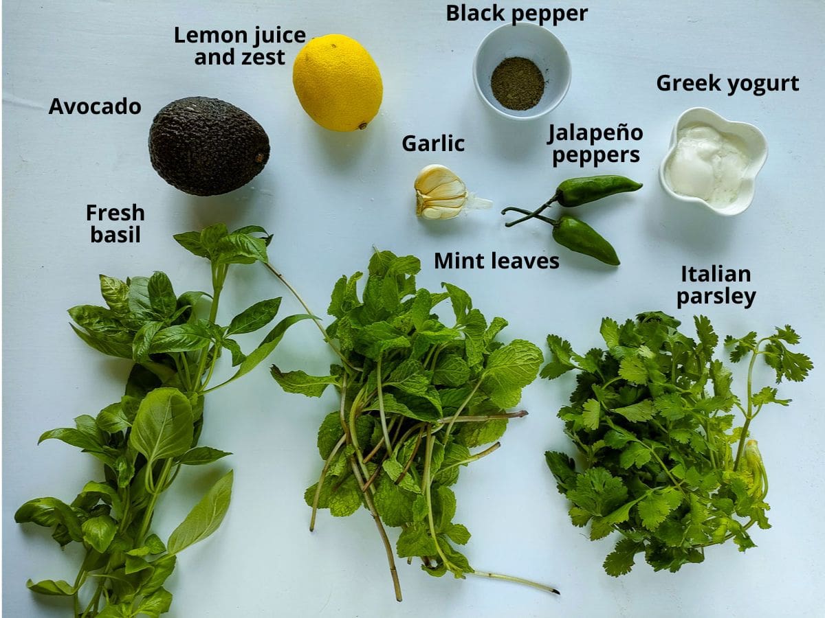 Labelled ingredients for magic green sauce.