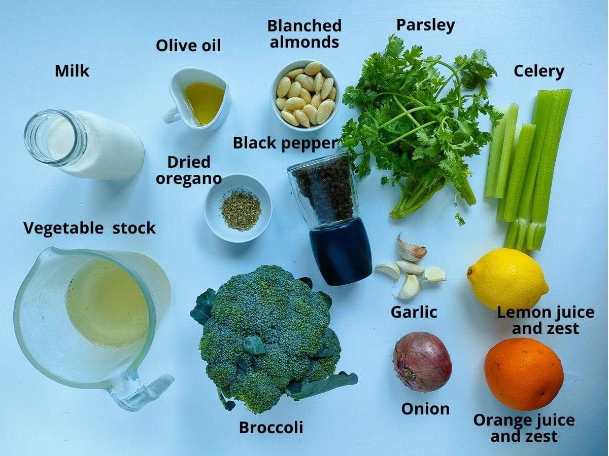 Labelled ingredients for broccoli almond soup.