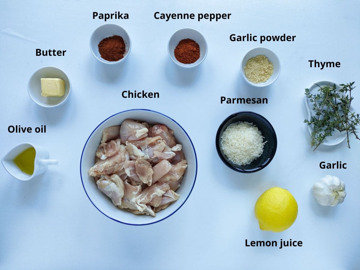 Labelled ingredients for garlic parmesan chicken kabobs.